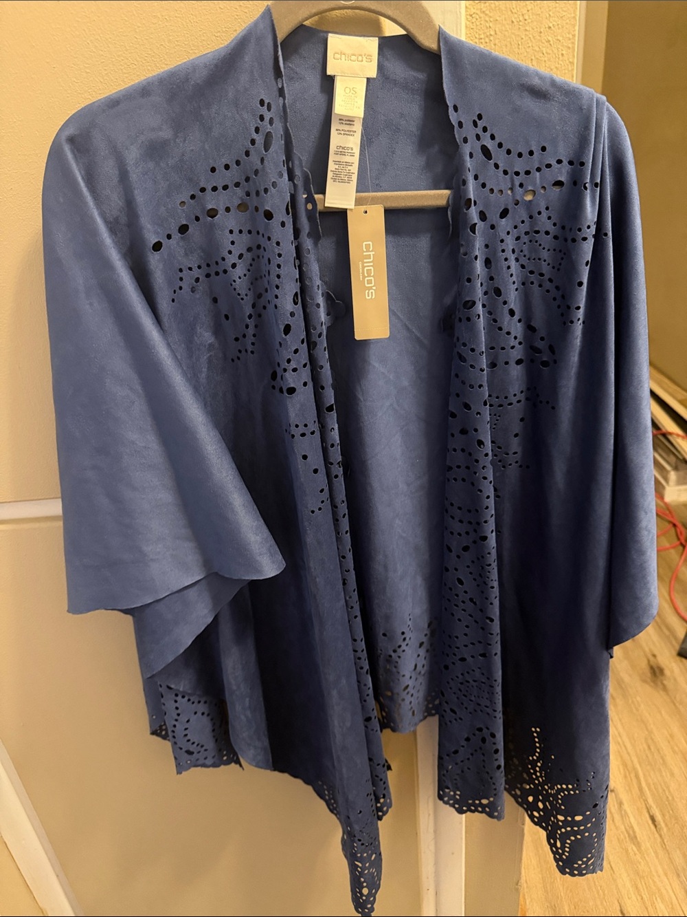 Chico's Perforated Blue Draped Open-Front Cardigan